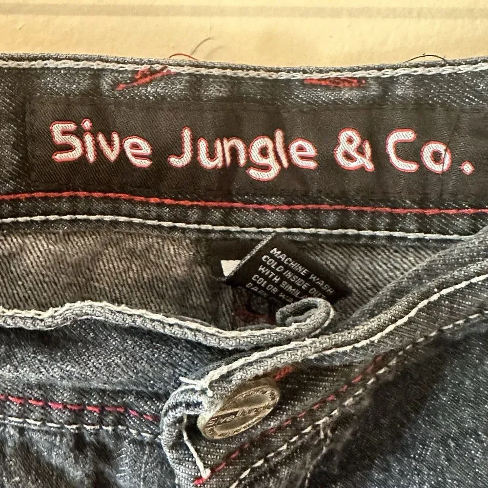 5ive Jungle Black Shorts Men Denim Baggy Hip‎ Hop Y2K Red Chain Stitching Sz 40